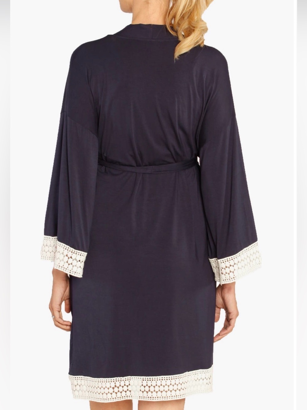 Angel Maternity Set: Navy Blue Lace-Trim Robe with NWT Striped Nightgown M/L - Picture 12 of 12